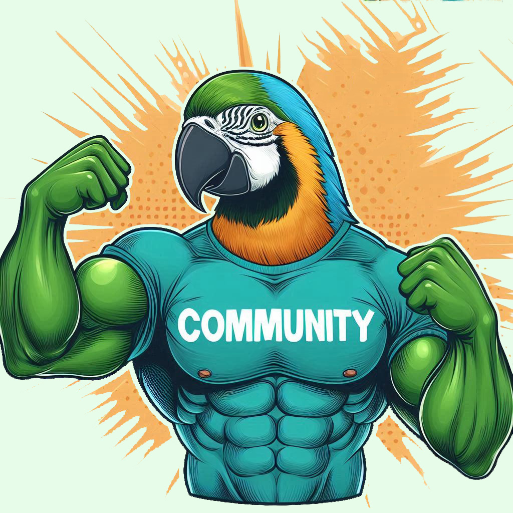 Muscular anthropomorphic parrot engaging with cryptocurrency