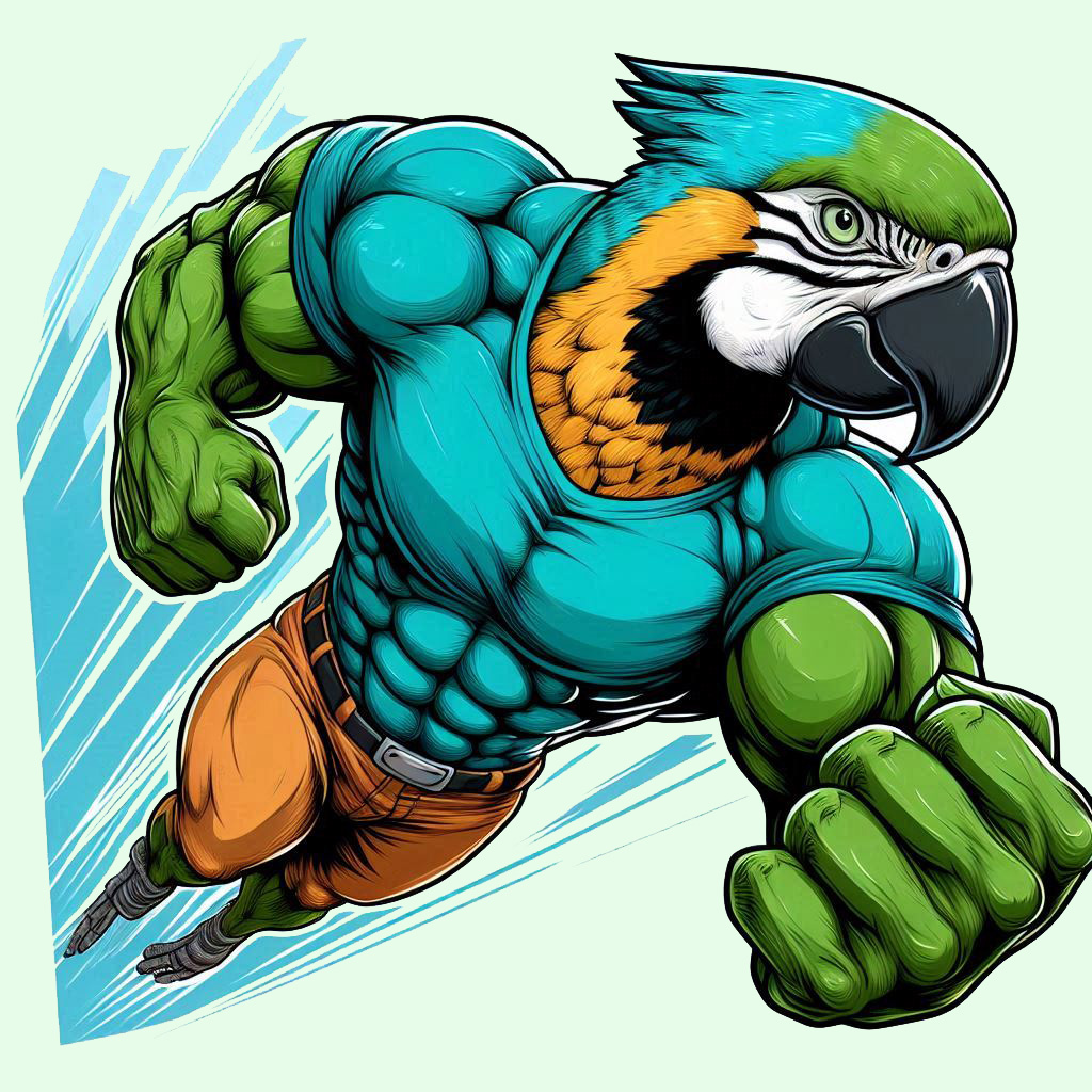 Anthropomorphic parrot as a superhero with a cat sidekick