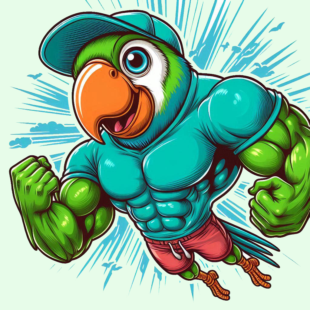 Anthropomorphic parrot using a smartphone with hearts floating around